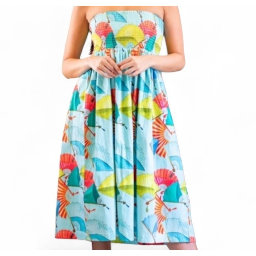 Holly Shae Blue Fanfair Strapless Smocked Flowy Midi Dress SZ S Resort New NWT